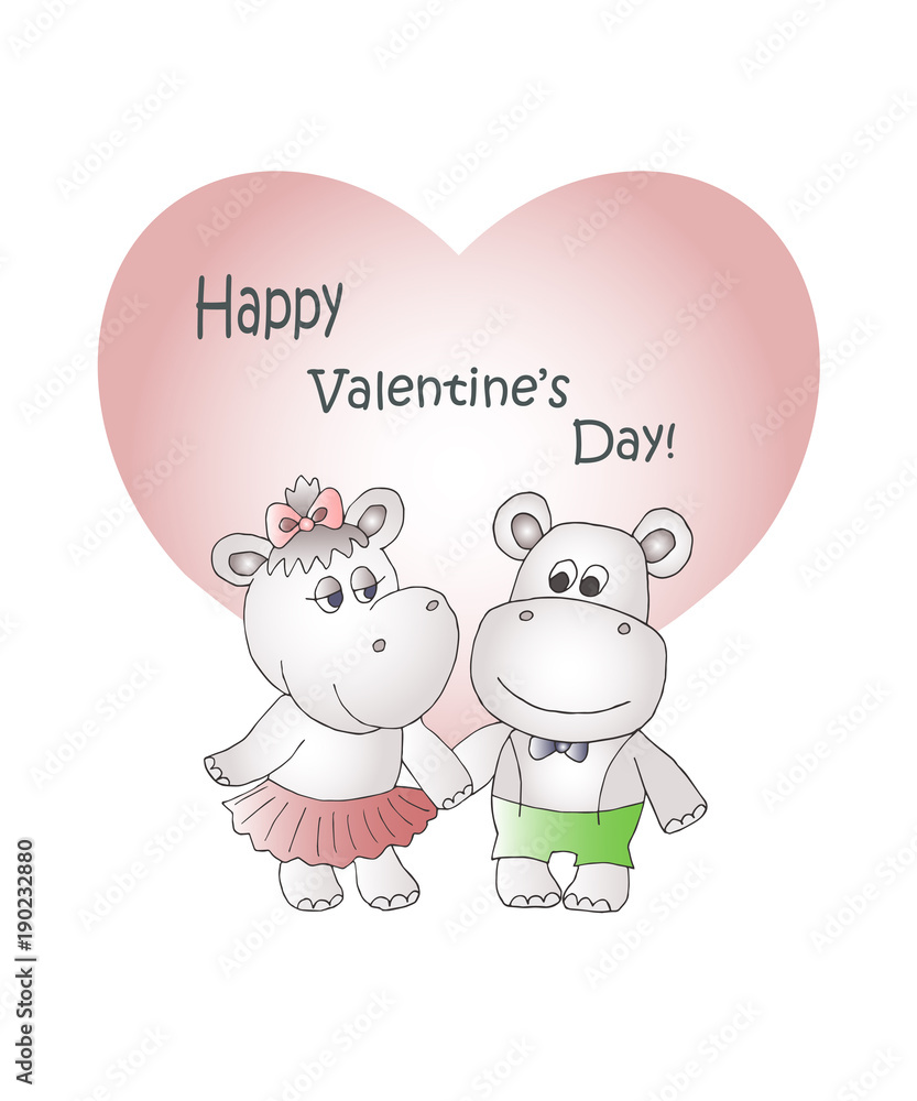 Girl and boy funny hippopotamuses and heart background. Valentine's Day illustration.