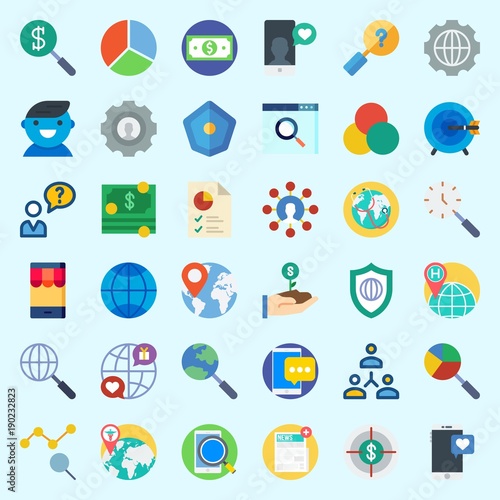 Icons set about Marketing with smartphone, internet, pie chart, money, settings and worldwide
