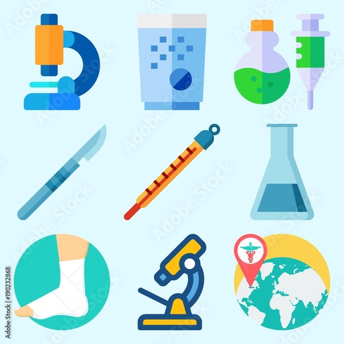 Icons set about Medical with pill, test tube, worldwide, surgery, poison and sprain