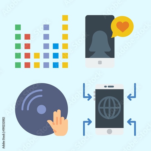 Icons set about Music with vinyl, sound bars, smartphone, disc jockey and dj