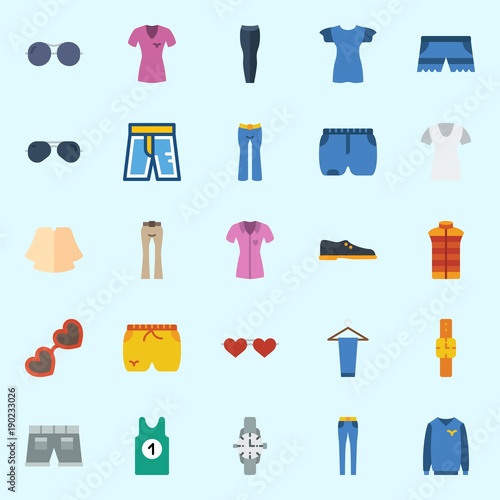 Icons set about Man Clothes with sweater, short, shirt, sunglasses, trousers and sleeveless