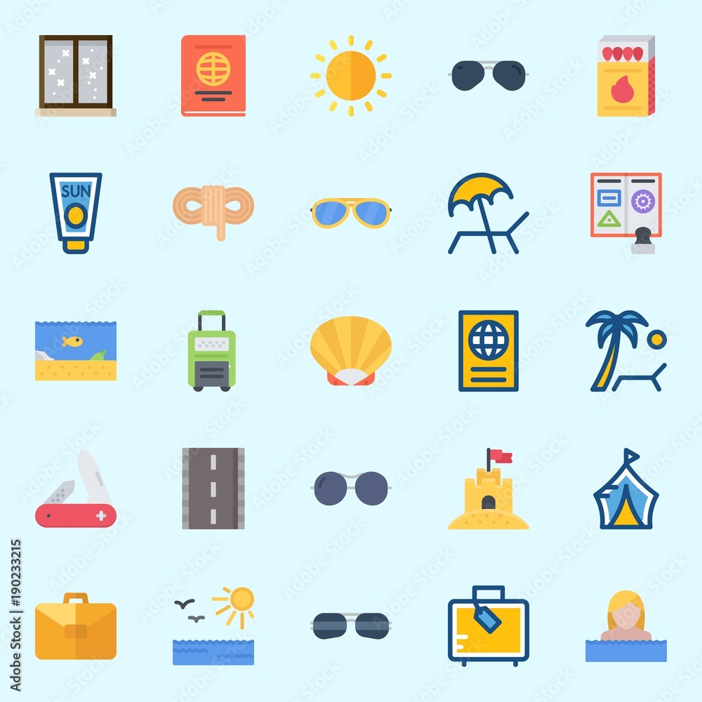 Icons set about Beach And Camping with suitcase, swimmer, knife, sun cream, sunglasses and tent Icons set about Beach And Camping with suitcase, swimmer, knife, sun cream, sunglasses and tent