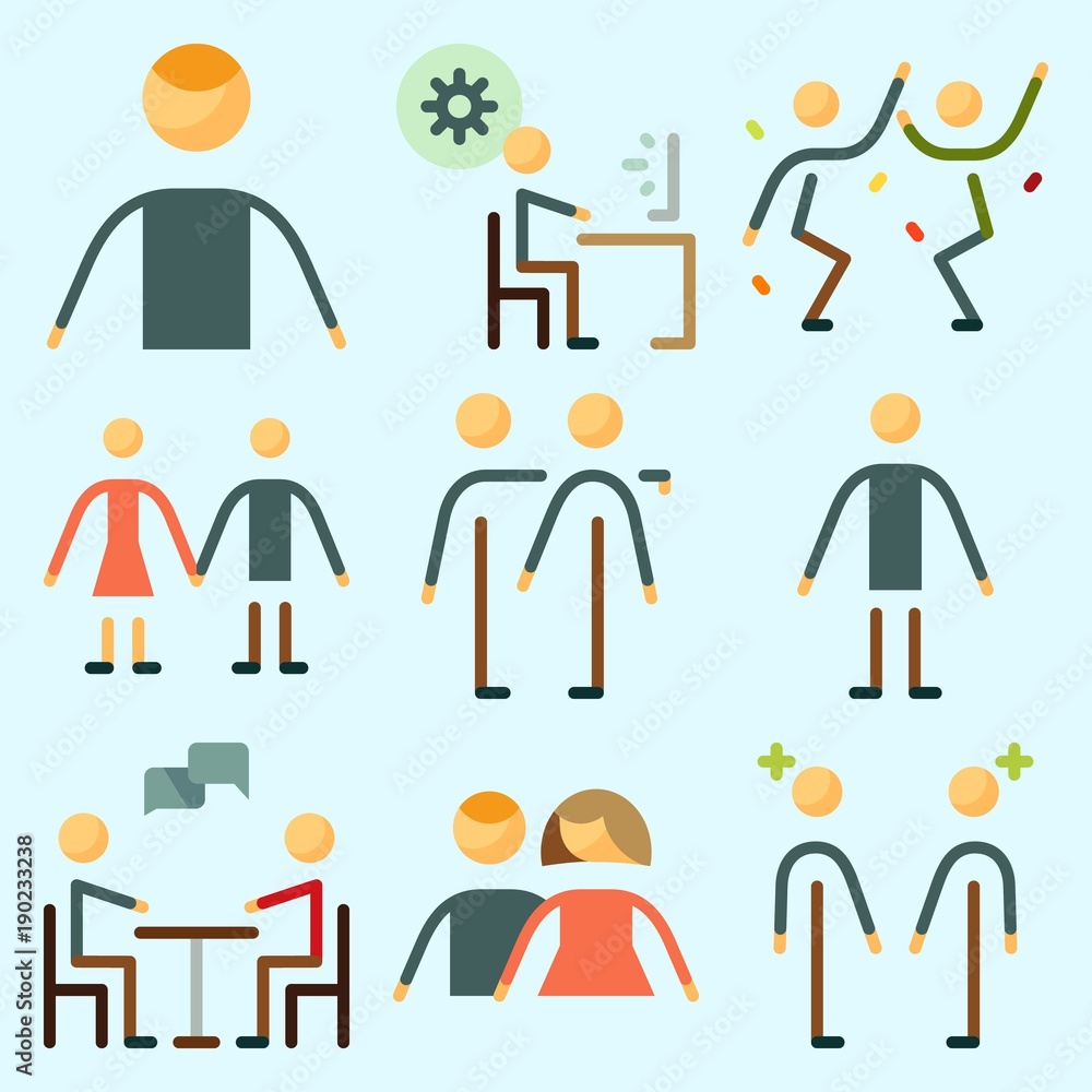 Icons set about Human with programmer, friends, dancing, dialogue, chating and couple