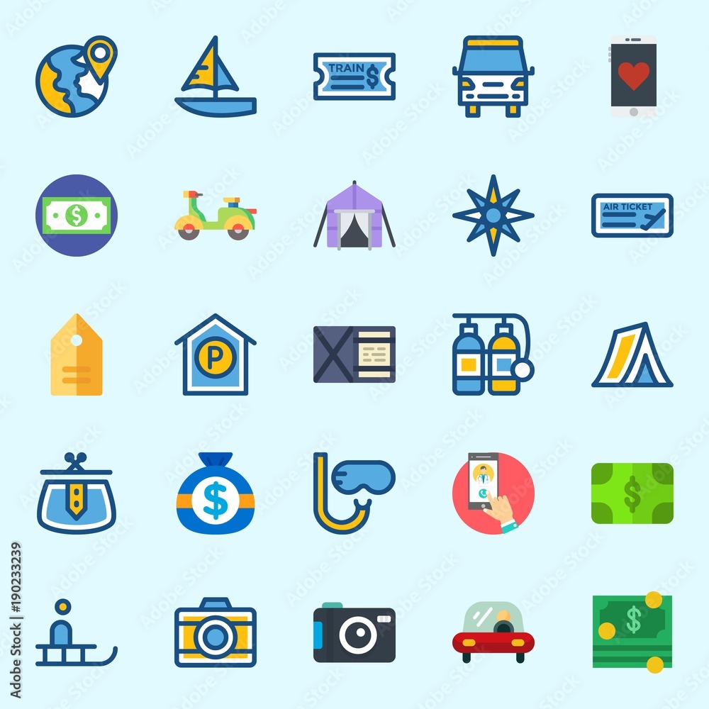 Icons set about Travel with sailboat, plane, snorkel, can, wallet and car Icons set about Travel with sailboat, plane, snorkel, can, wallet and car