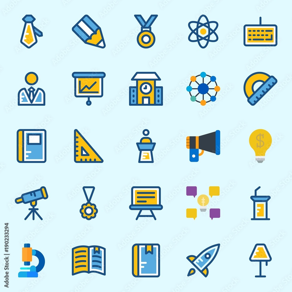 Icons set about School And Education with presentation, school, open book, missile, megaphone and medal Icons set about School And Education with presentation, school, open book, missile, megaphone and medal