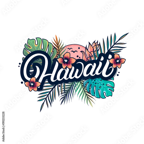 Hawaii hand written lettering with palm