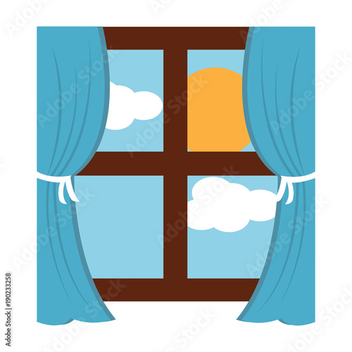 wooden window frame with curtains and sun clouds sky vector illustration