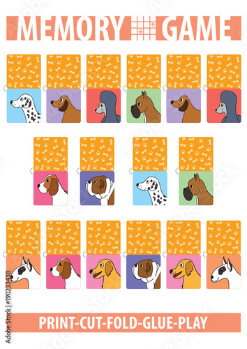 Memory card game with cartoon dogs. Different breeds. Print, cut, fold, glue, play. Vertical. A4 page