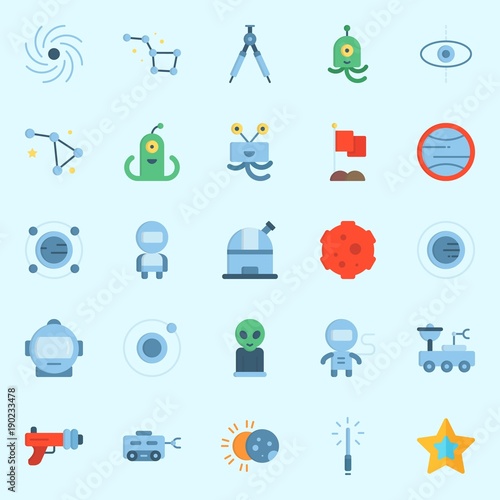 Icons set about Universe with compass, flag, blaster, astronaut, black hole and star