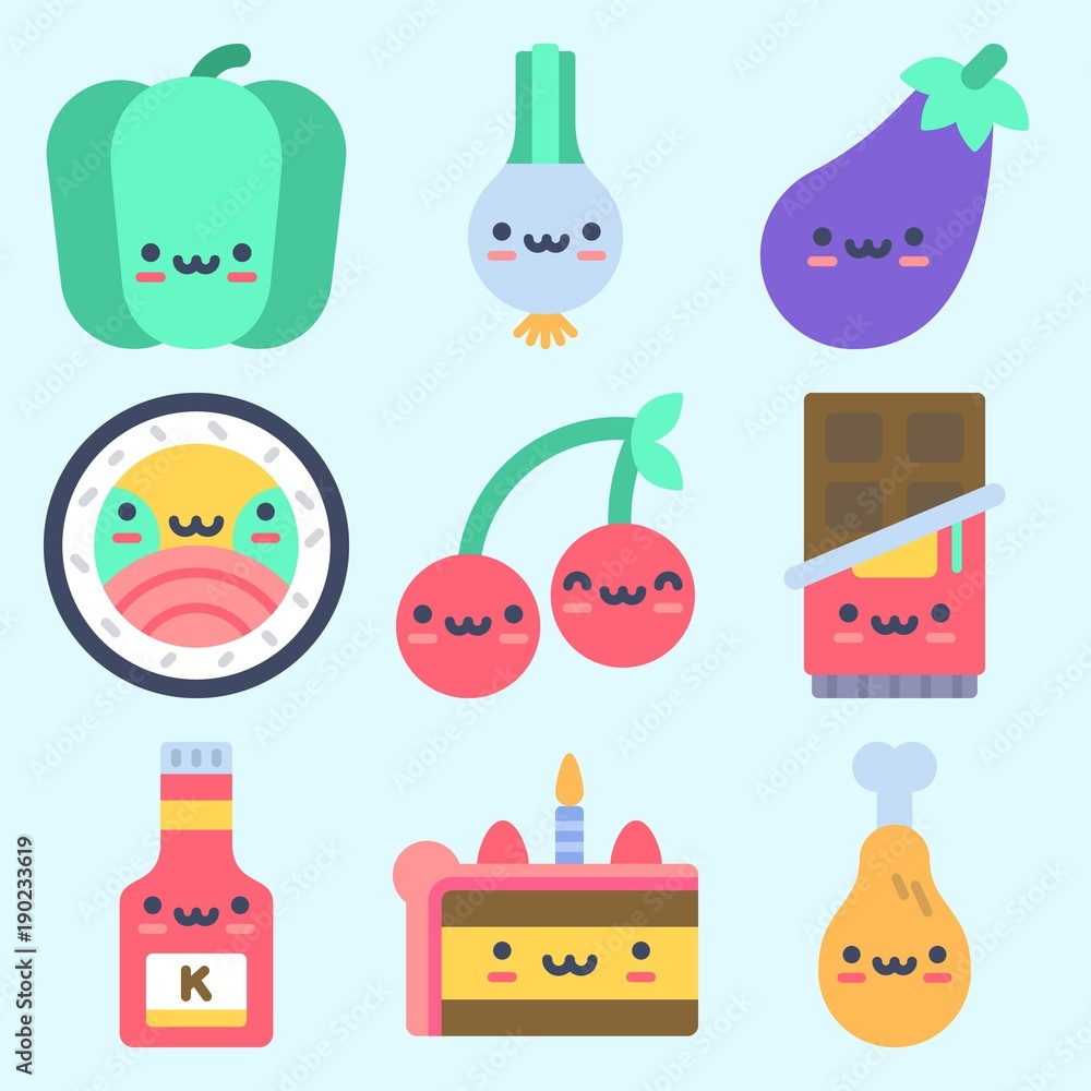 Icons set about Food with sushi, eggplant, ketchup, scallion, chocolate and chicken leg