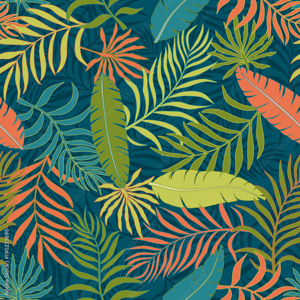 Tropical background with palm leaves. Seamless floral pattern. Summer vector illustration. Retro style