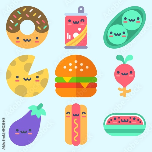 Icons set about Food with watermelon, radish, cheese, hot dog, donut and eggplant