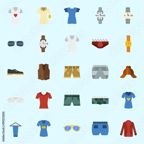 Icons set about Man Clothes with sunglasses, cap, trousers, shoes, underwear and watch