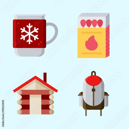 Fotografía Icons set about Winter with backpack, matches, hot drink and house