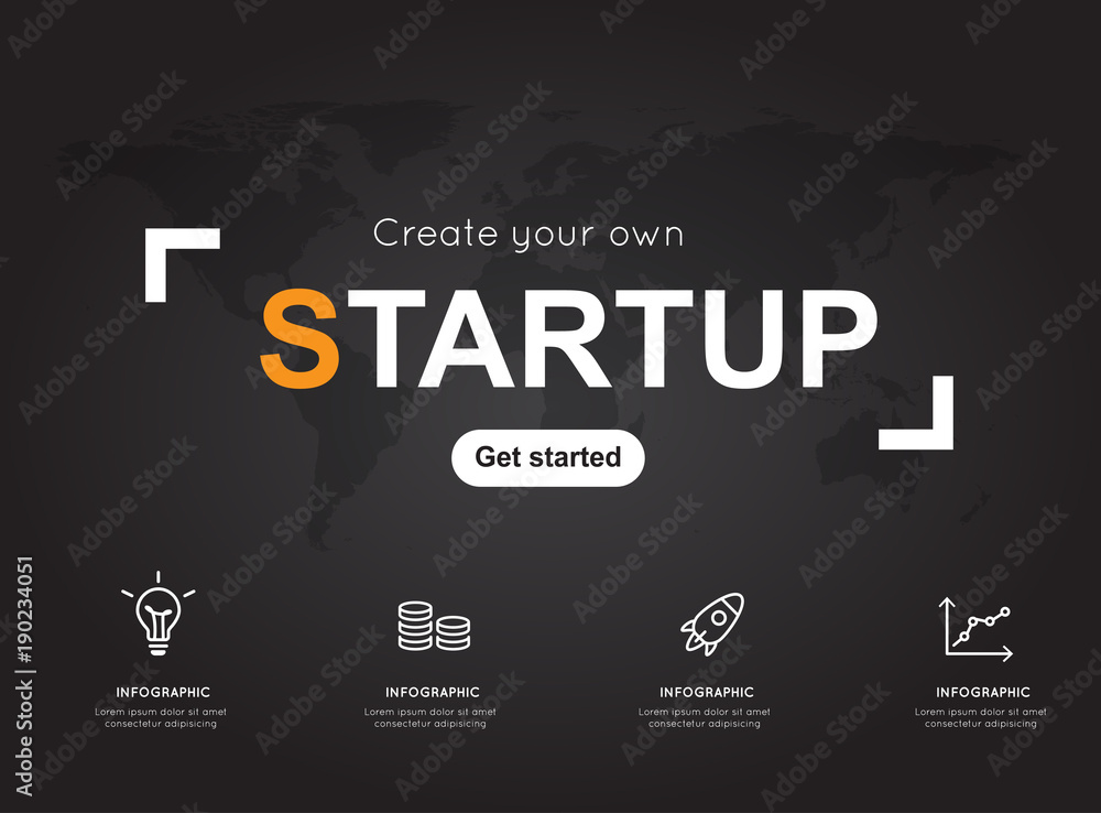 Startup icons with world black map for business Startup icons with world black map for business