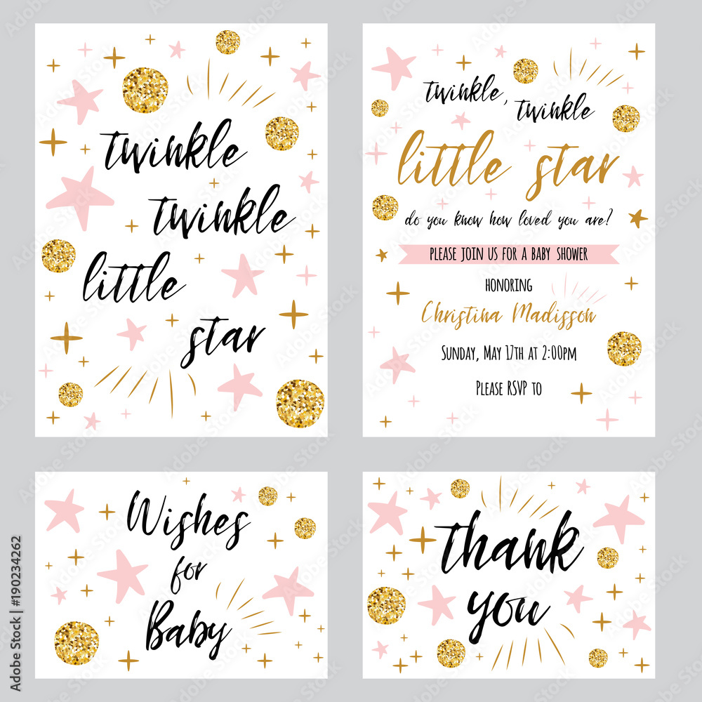 Baby shower girl templates Twinkle twinkle little star text with gold polka dot pink star invtation thank you card - obrazy, fototapety, plakaty 