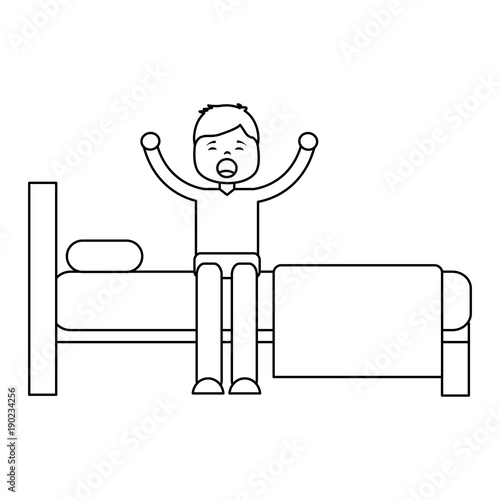 young man waking up sitting on bed with arms stretched vector illustration outline design