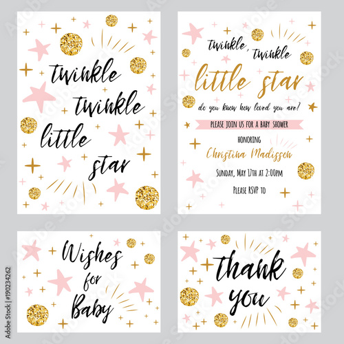 Baby shower girl templates Twinkle twinkle little star text with gold polka dot pink star invtation thank you card