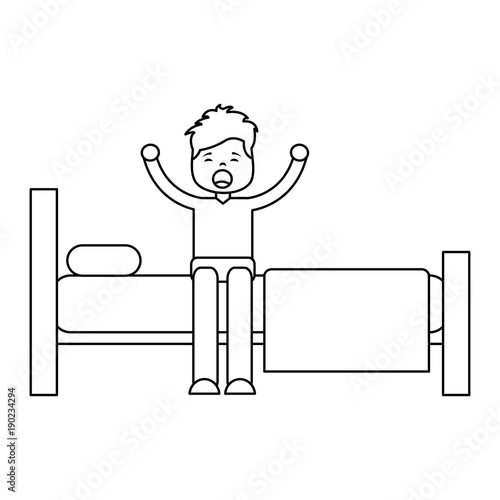 young man waking up sitting on bed with arms stretched vector illustration outline design
