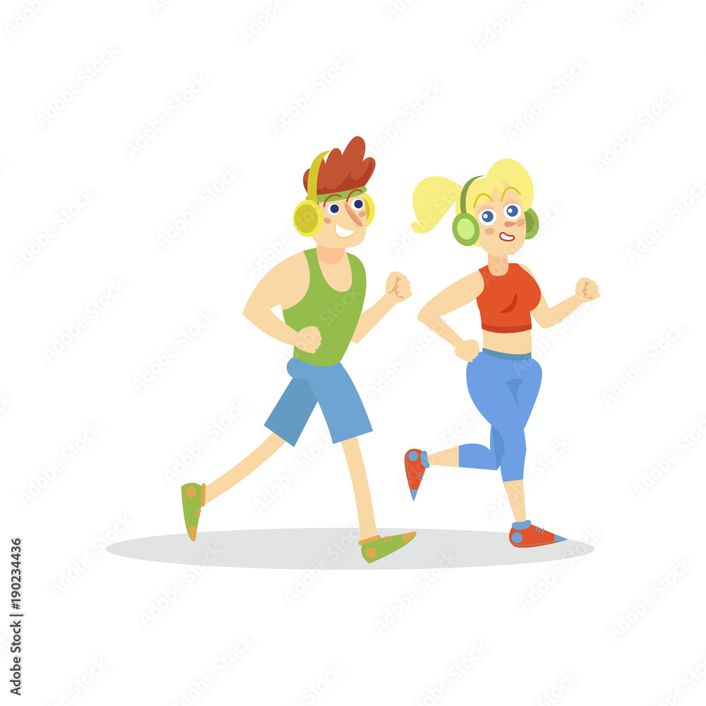 Young man and woman with headphones running in sportswear, active healthy  lifestyle cartoon vector Illustration Stock Vector | Adobe Stock