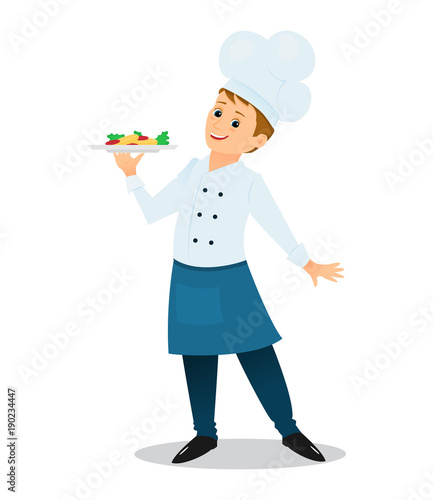 Chef with a plate of dinner. Cartoon style. Vector illustration.