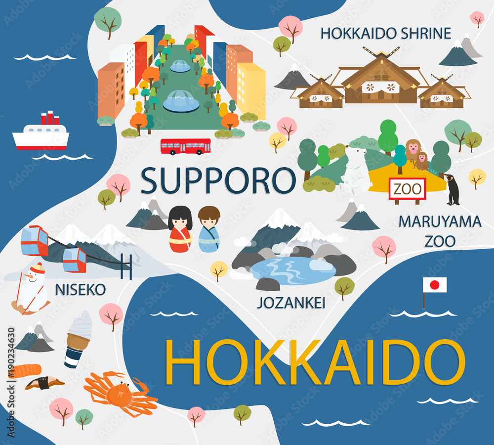 Hokkaido travel map in flat illustration. - obrazy, fototapety, plakaty 
