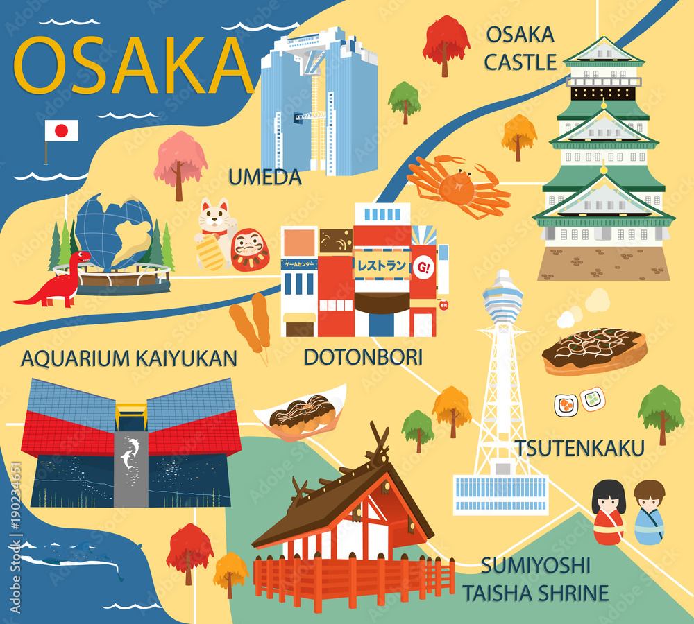 Naklejka premium Mapa Osaki z projektowaniem ilustracji kolorowych atrakcji Japonii