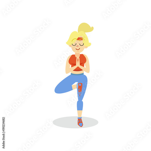 Young woman doing yoga in a vrksasana position, girl working out in the fitness club or gym, active healthy lifestyle cartoon vector Illustration
