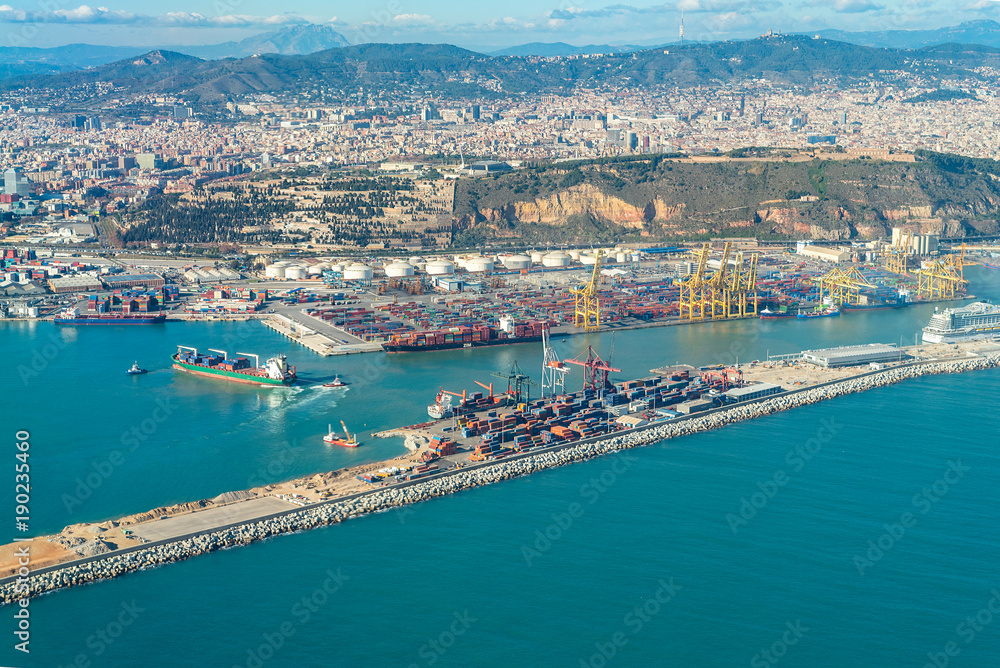 Aerial view from Zona Franca - Port, the industrial harbor of the Port of Barcelona