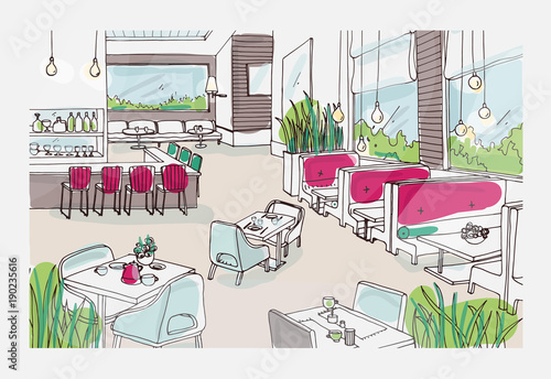 Colored freehand sketch of furnished interior of fancy restaurant or bistro. Colorful drawing of modern spacious cafe or coffee house full of stylish furnishings. Hand drawn vector illustration.