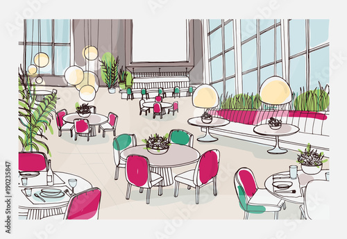 Colorful sketch of modern restaurant or cafe interior furnished with elegant tables, chairs, pendant lights. Freehand drawing of bistro full of stylish furniture. Colored vector illustration.