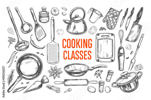 Cooking classes and Kitchen utensil set. Vector hand drawn isolated objects. Icons in sketch style photo