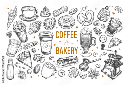 Coffee and Bakery set. Vector hand drawn isolated objects. Sketch icons