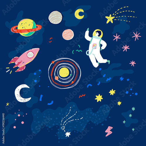 Trendy retro 90s style vector illustration with cartoon stars, planets, moon, space ship and astronaut.