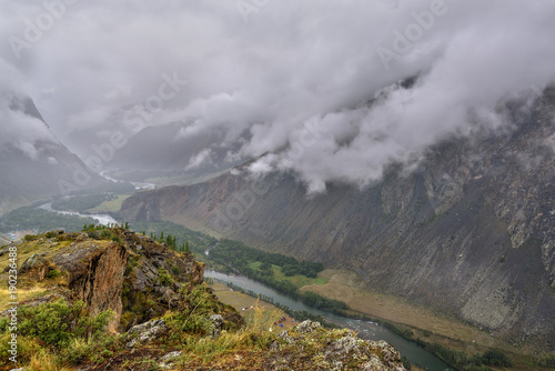 mountains valley river fog cloudy