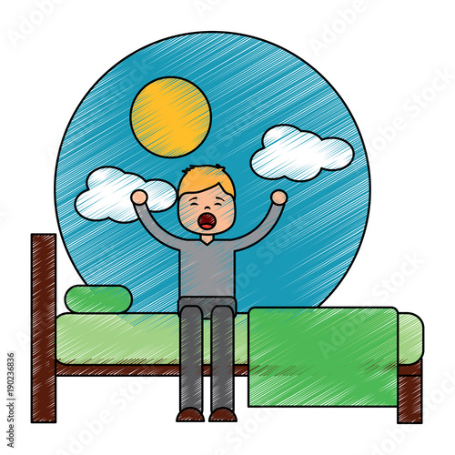 young man waking up sitting on bed vector illustration