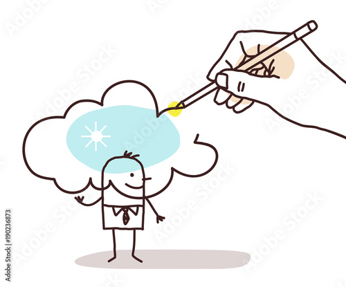 Hand Drawing a Sunny Cloud on a Cartoon man