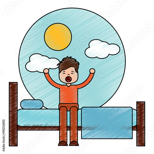 young man waking up sitting on bed vector illustration