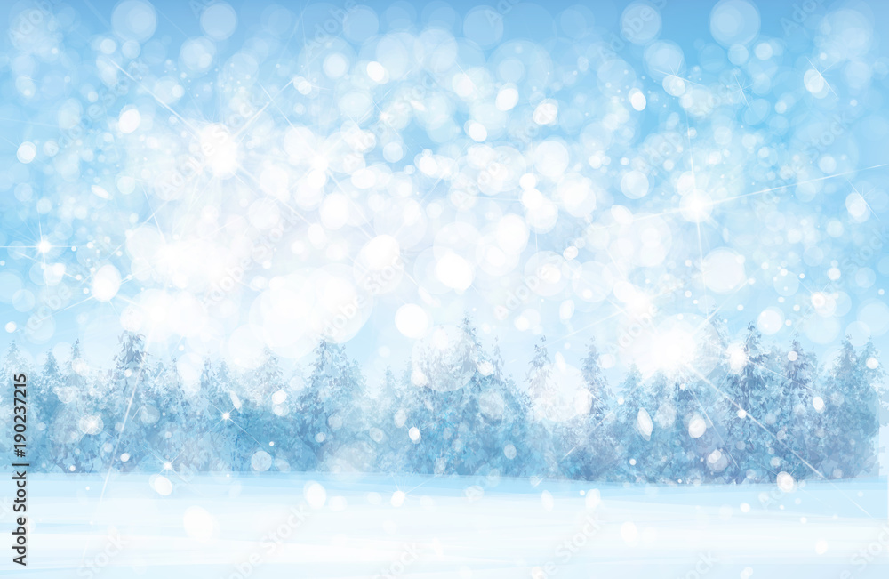 Vector  winter  snowy   forest background, snowfall,  blue, nature background.