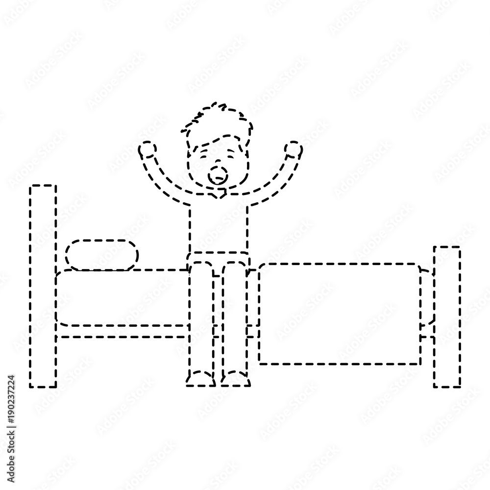 Fototapeta premium young man waking up sitting on bed with arms stretched vector illustration sticker image design