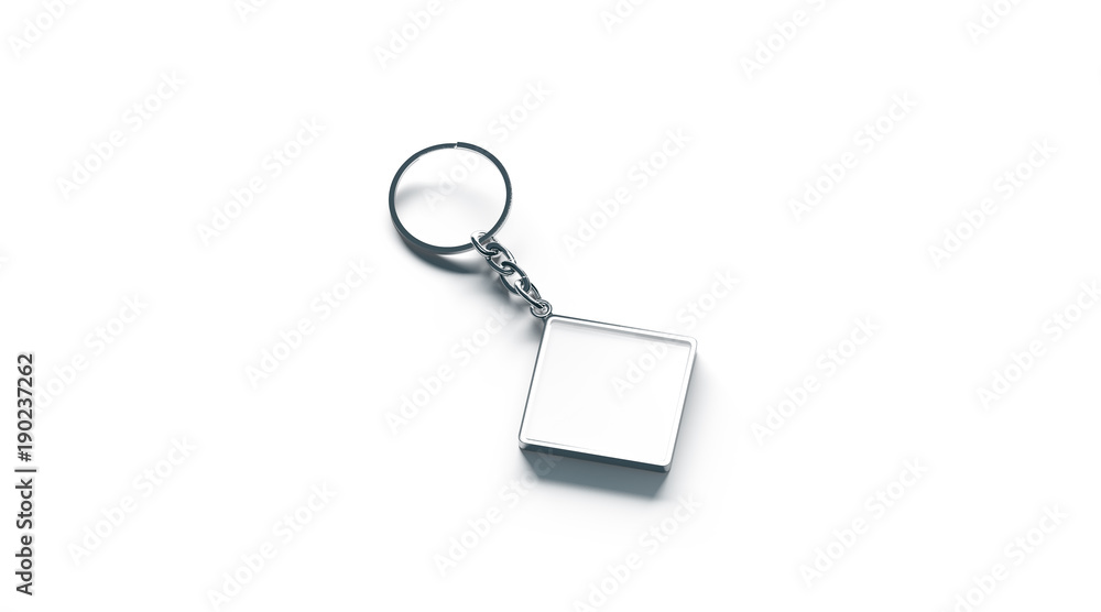 Blank metal rhombus white key chain mock up side view, 3d rendering. Clear silver keychain design mockup isolated. Empty plain keyring souvenir holder template. Steel trinket label Blank metal rhombus white key chain mock up side view, 3d rendering. Clear silver keychain design mockup isolated. Empty plain keyring souvenir holder template. Steel trinket label