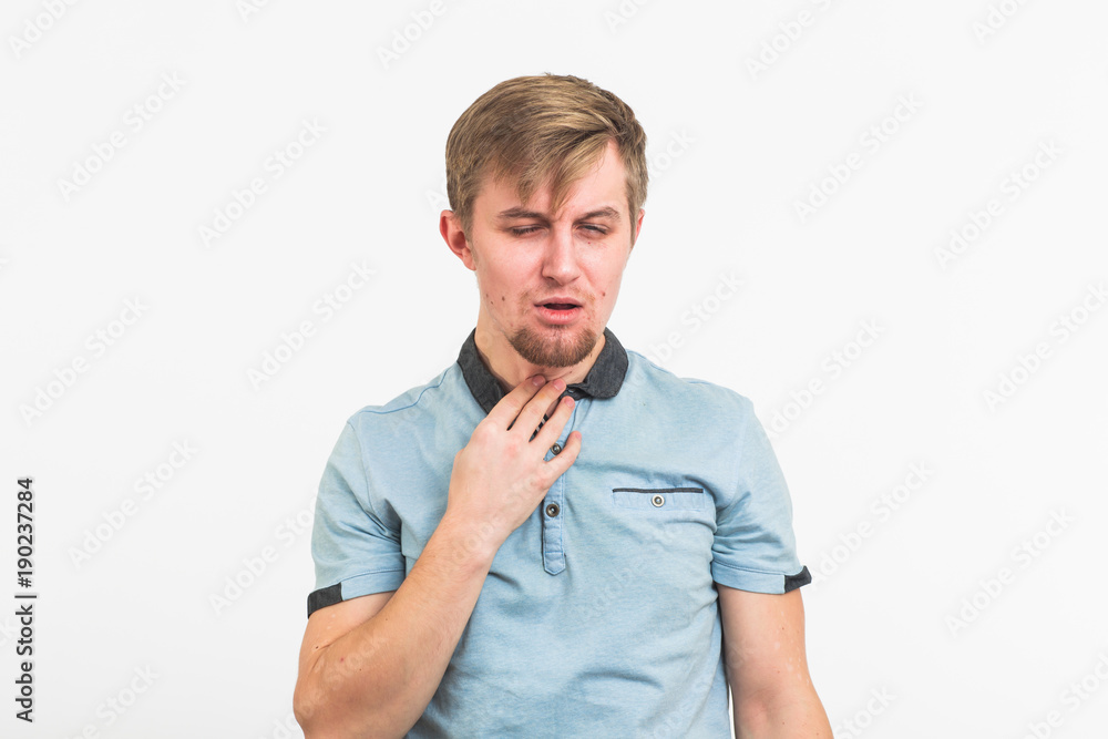 Sore throat. Men touching the neck on white background Sore throat. Men touching the neck on white background