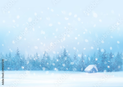 Vector  winter  snowy   forest background with house, snowfall,  blue, nature background.