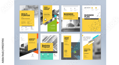 Set of business brochure, annual report, flyer design templates in A4 size. Vector illustrations for business presentation, business paper, corporate document cover and layout template designs.