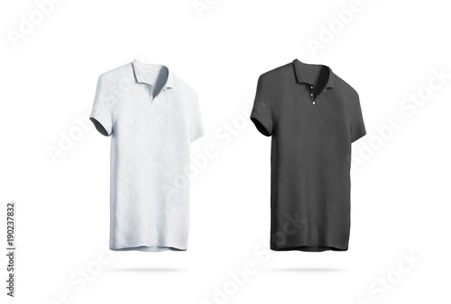 Blank black and white polo shirt mockup isolated, front side view, 3d rendering. Empty sport t-shirt uniform mock up. Plain clothing design template. Cotton clear dress with collar and short sleeves