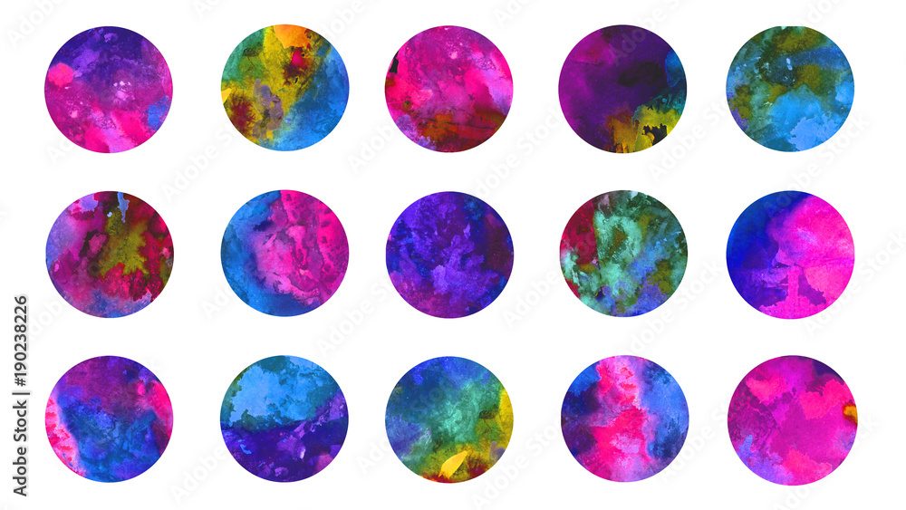 Circles abstract grunge watercolor red, yellow and blue marble texture splashes collection, isolated set hand painted watercolor illustration