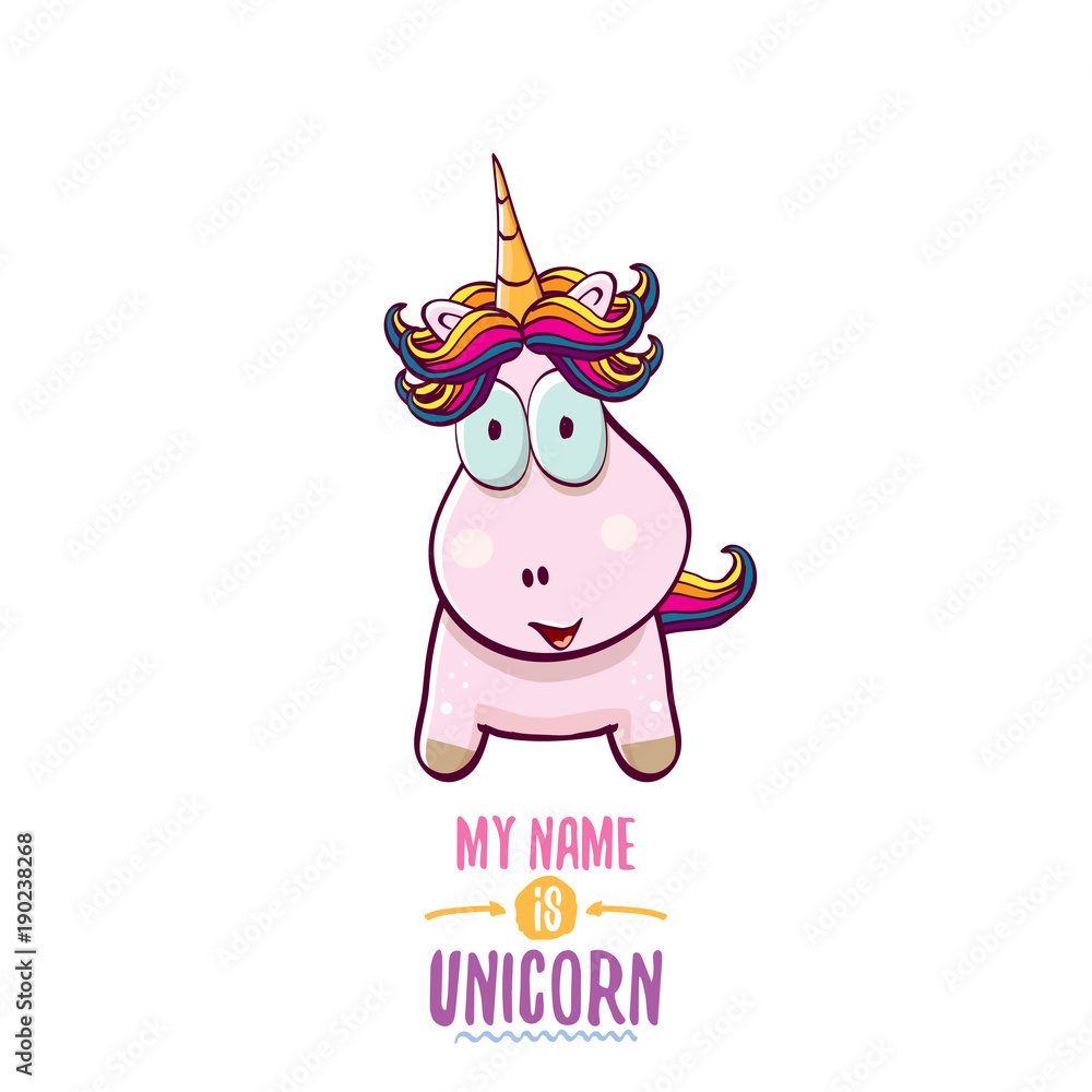 Naklejka premium vector funny cartoon cute pink fairy unicorn isolated on white background. My name is unicorn vector concept illustration. funky hand drawn character