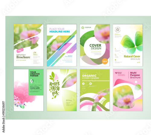 Set of natural product brochure, annual report, flyer design templates. Vector illustrations for beauty, organic products and cosmetics presentation, document cover and layout template designs.