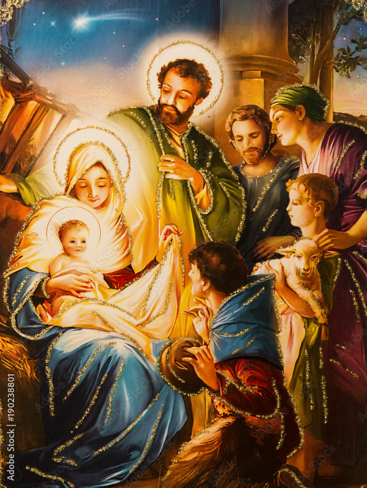 Fototapeta premium Christmas picture with Jesus and his family.