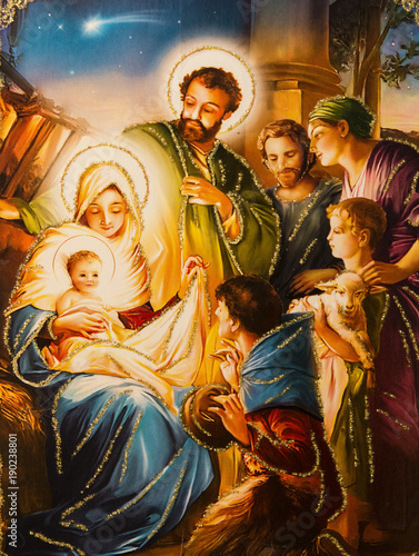 Christmas picture with Jesus and his family.